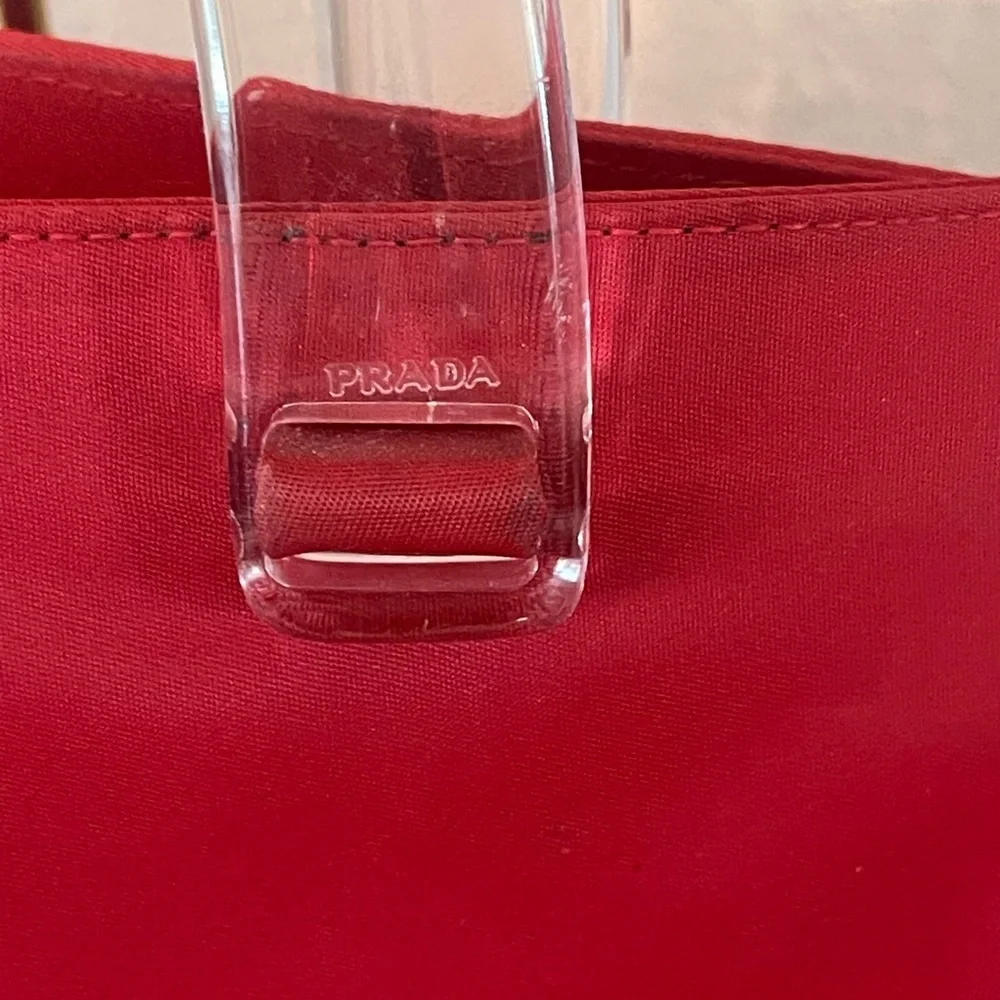 Prada Tesseto Nylon Triangle Red Tote with Transparent Handles
